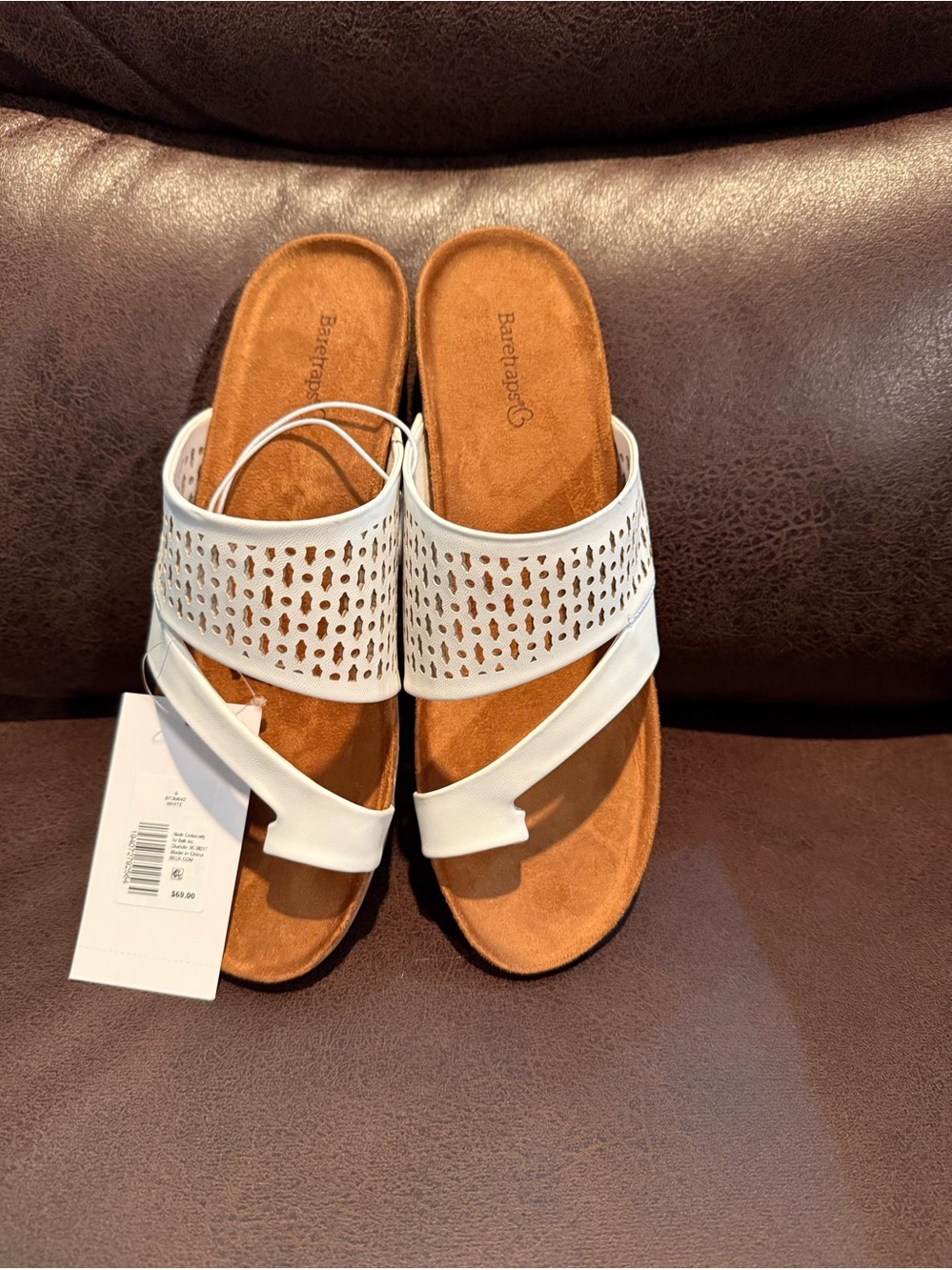 BareTraps White Perforated Slide Sandals with Tan Footbed - Picture 1 of 7